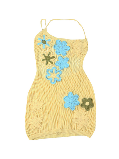 Namma One Shoulder Applique Crochet Mini Dress