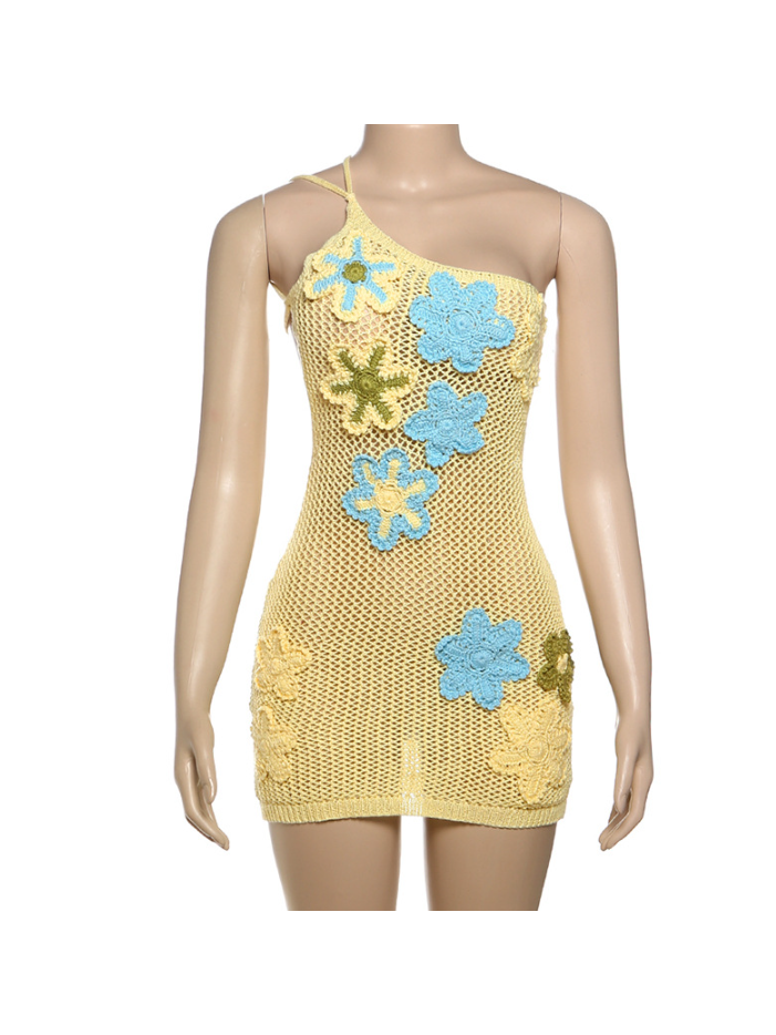 Namma One Shoulder Applique Crochet Mini Dress