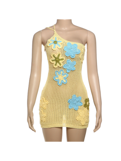 Namma One Shoulder Applique Crochet Mini Dress