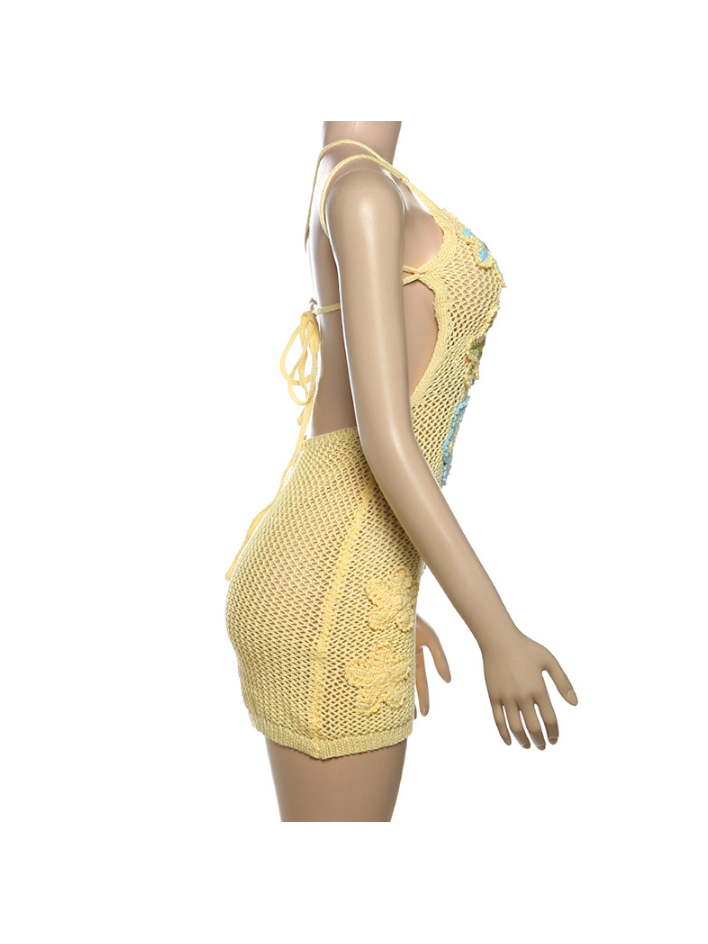 Namma One Shoulder Applique Crochet Mini Dress