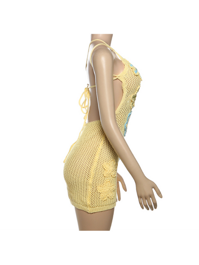 Namma One Shoulder Applique Crochet Mini Dress