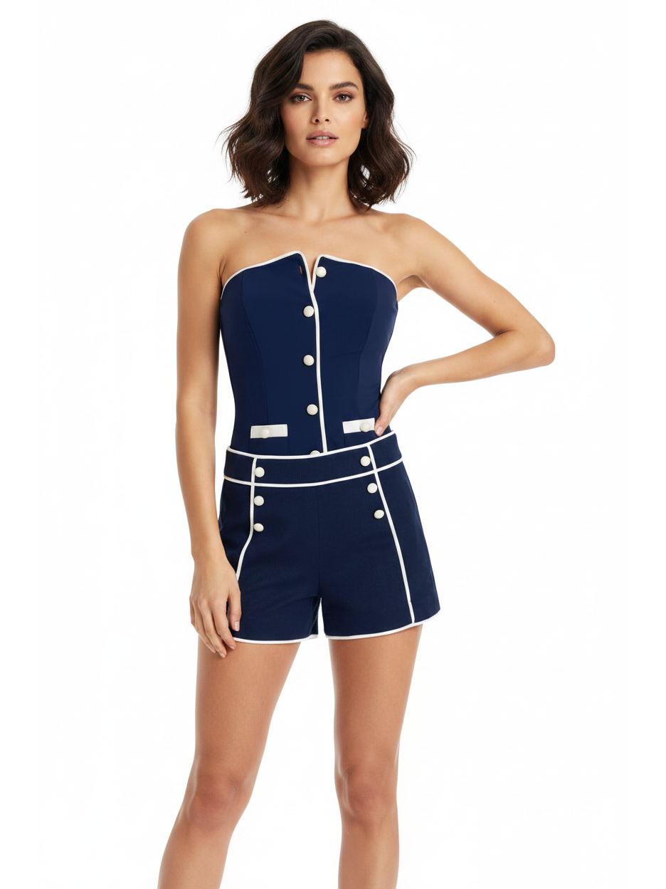 Vanera Bikini Tube Swimsuit Set With Shorts by Swimwears in navy blue with white piping and buttons