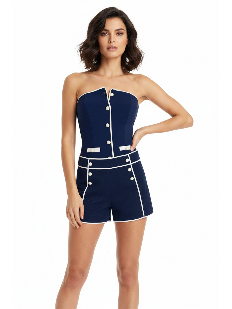 Vanera Bikini Tube Swimsuit Set With Shorts by Swimwears in navy blue with white piping and buttons