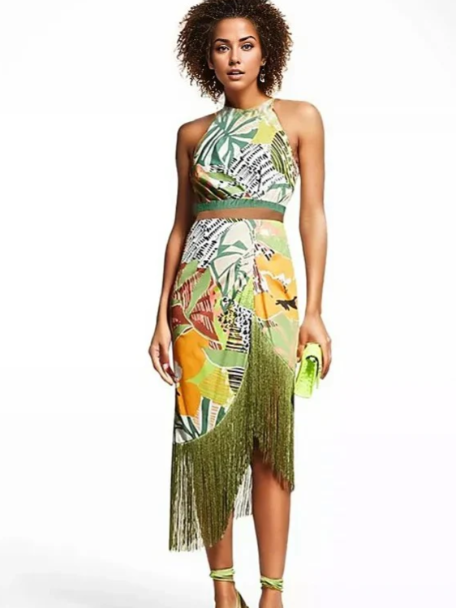 Tropical Print Bikini Top Shorts 3 Pieces Tassel Swimsuit Set