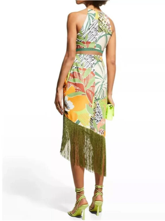 Tropical Print Bikini Top Shorts 3 Pieces Tassel Swimsuit Set