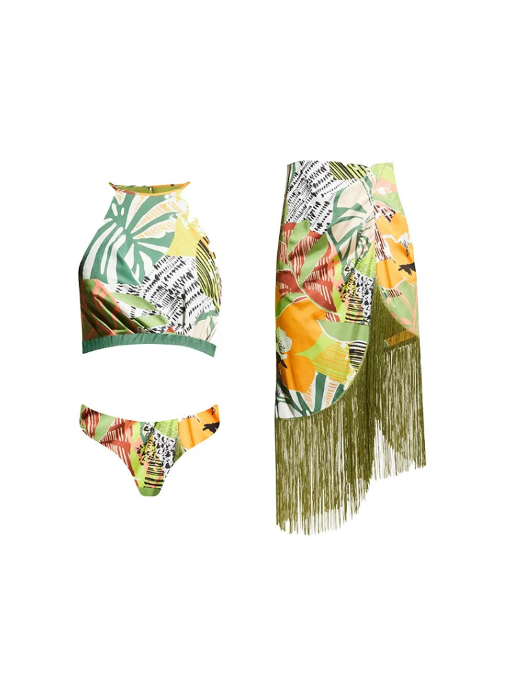 Tropical Print Bikini Top Shorts 3 Pieces Tassel Swimsuit Set