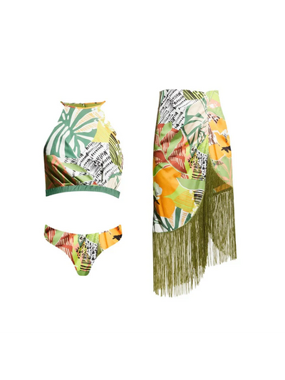 Tropical Print Bikini Top Shorts 3 Pieces Tassel Swimsuit Set