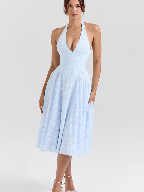 Light blue jacquard lace halter-neck dress with a plunging V neckline and a full midi skirt.