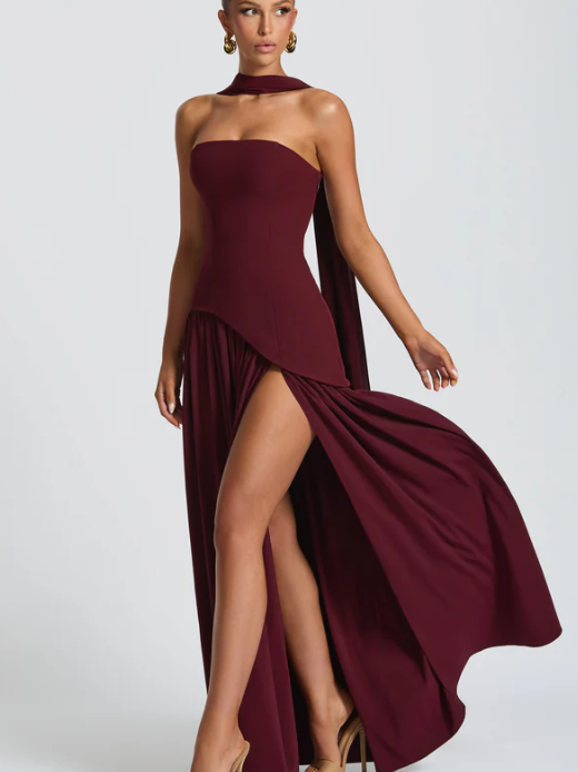 Sofia High Slit Asymmetric Tube Maxi Dress with Scarf