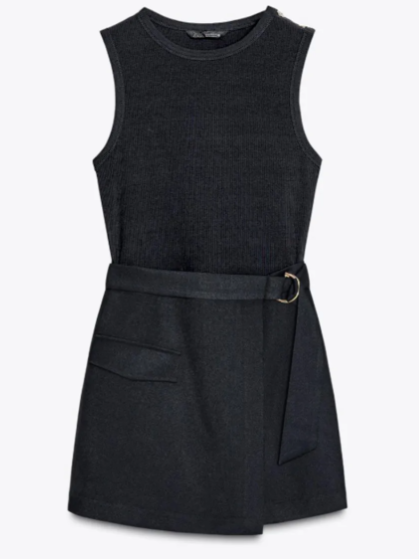 Crew Neck Black Wrap Romper with Belt