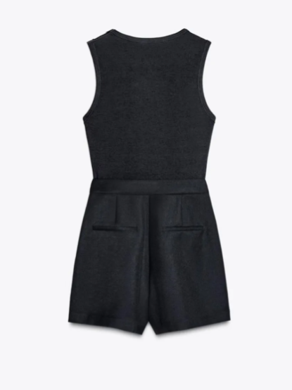 Crew Neck Black Wrap Romper with Belt