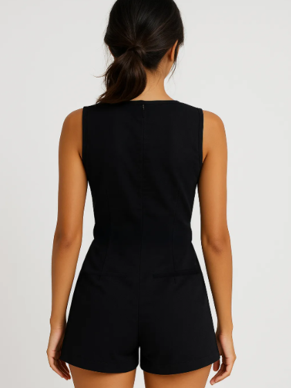 Crew Neck Black Wrap Romper with Belt