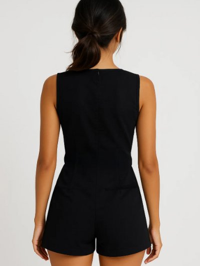 Crew Neck Black Wrap Romper with Belt