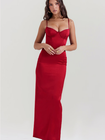 Spaghetti Strap Boning Corset Slit Maxi Dress