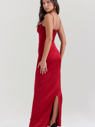 Spaghetti Strap Boning Corset Slit Maxi Dress