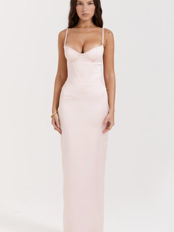 Spaghetti Strap Boning Corset Slit Maxi Dress