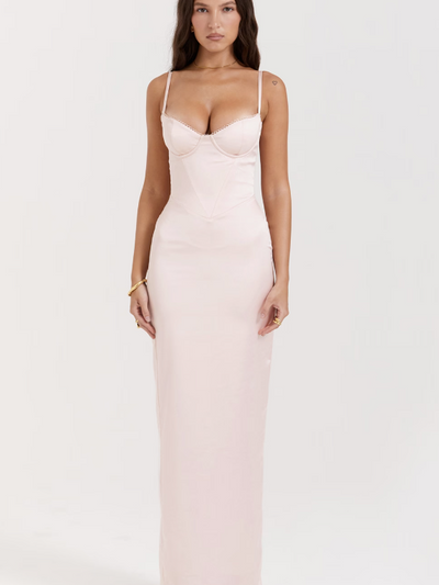 Spaghetti Strap Boning Corset Slit Maxi Dress