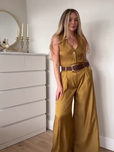 Mustard Yellow Vest Top & Wide Leg Pants with Belt Coord Set