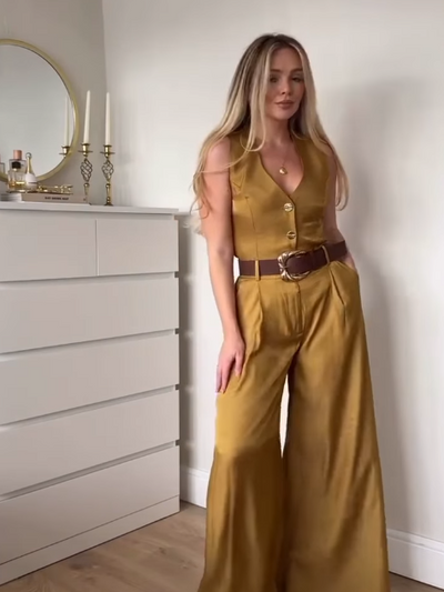 Mustard Yellow Vest Top & Wide Leg Pants with Belt Coord Set