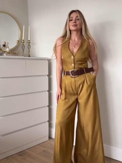 Mustard Yellow Vest Top & Wide Leg Pants with Belt Coord Set