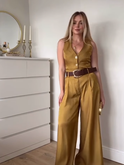 Mustard Yellow Vest Top & Wide Leg Pants with Belt Coord Set