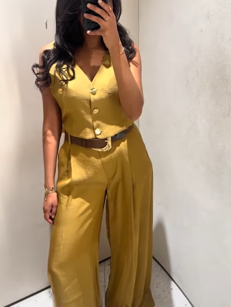 Mustard Yellow Vest Top & Wide Leg Pants with Belt Coord Set