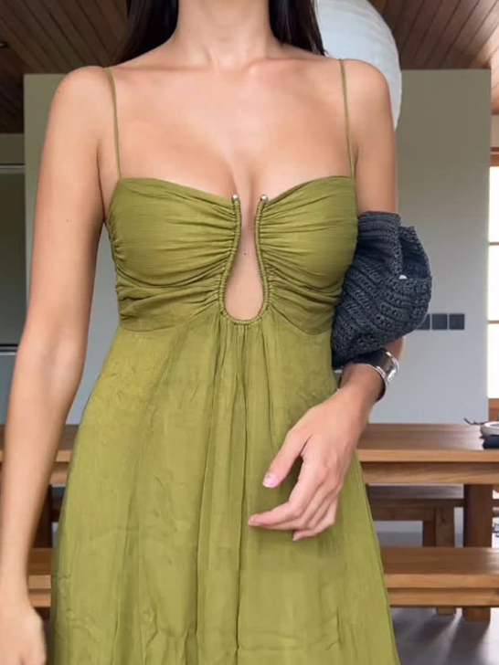 Juliana Deep Neck Applique Spaghetti Strap Maxi Dress