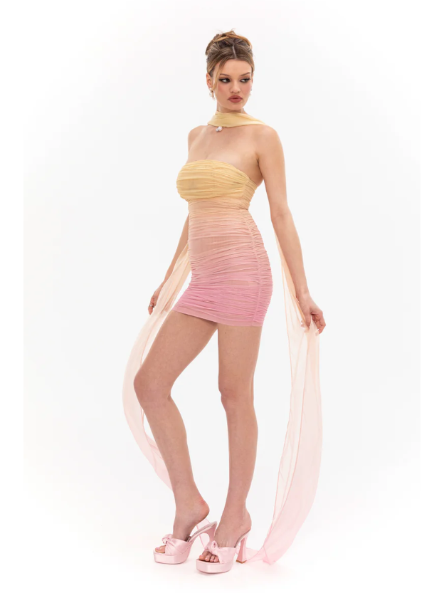 Gradient Short Tube Backless Dress with Scarf