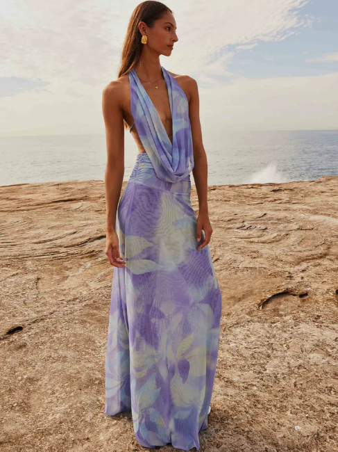 Norma Floral Print Halterneck Backless Maxi Dress