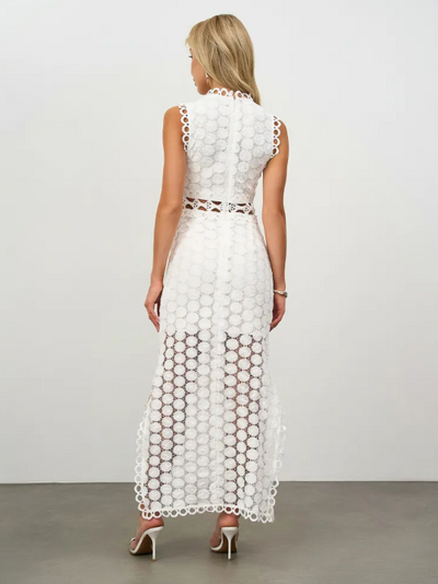 Crew Neck Laser Sleeveless Slit Maxi Lace Dress