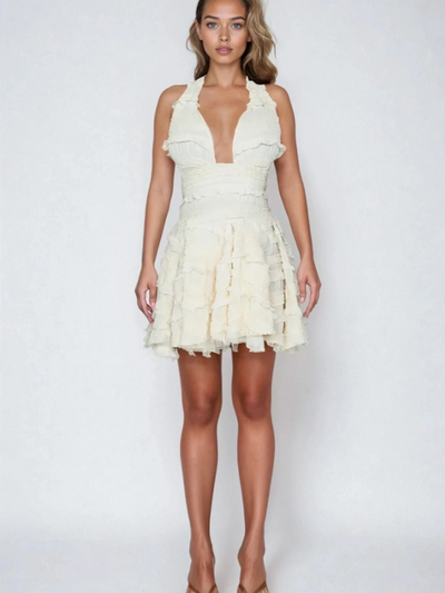 Ruffle Deep Neck Backless Tied A Line Dress