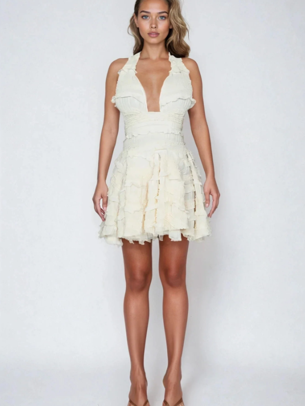 Ruffle Deep Neck Backless Tied A Line Dress