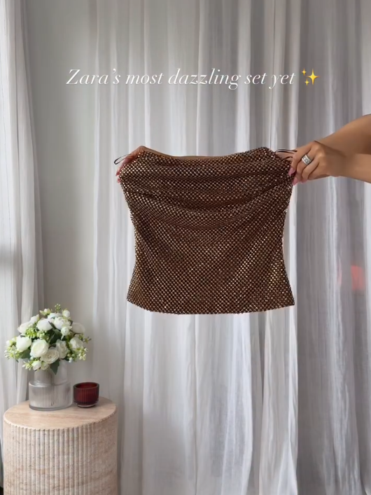 Brown Rhinestone Tube & Skirt Coord Set