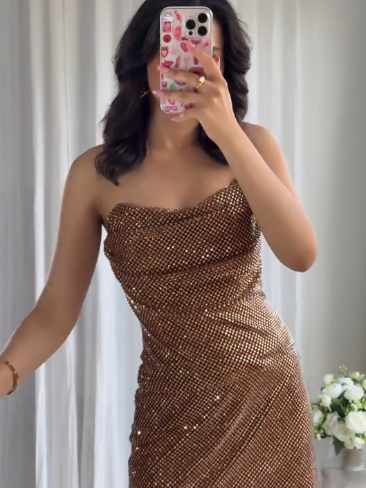 Brown Rhinestone Tube & Skirt Coord Set