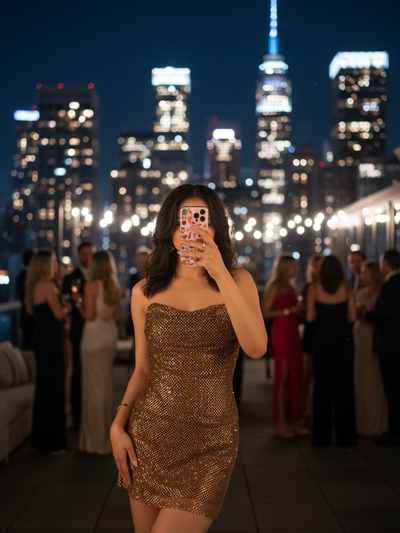 Brown rhinestone tube & skirt coord set by Exclusives; on sale, worn by model at night with city skyline.