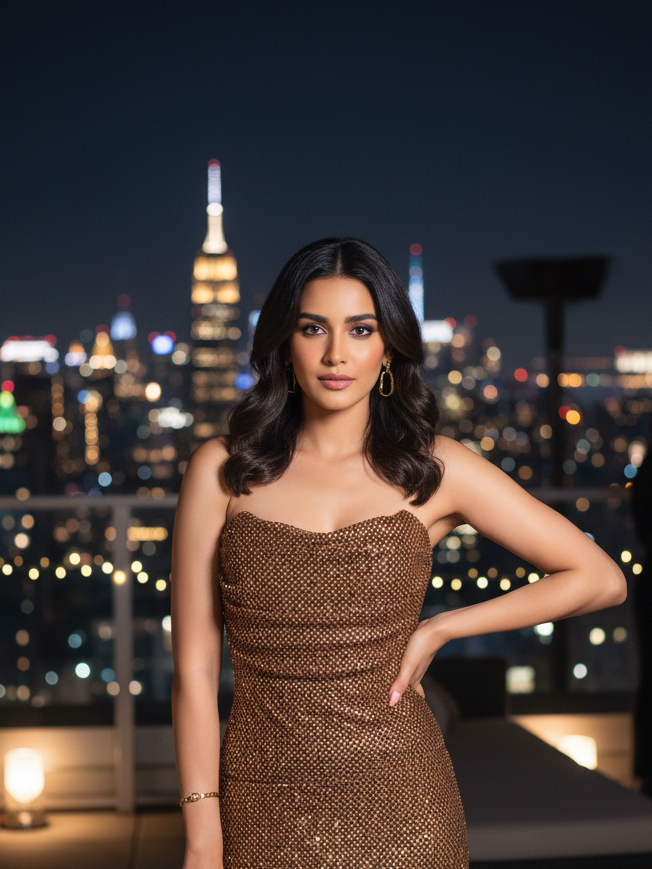 Brown rhinestone tube & skirt coord set by Exclusives on sale; sequined dress worn by model with city skyline backdrop.