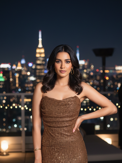Brown rhinestone tube & skirt coord set by Exclusives on sale; sequined dress worn by model with city skyline backdrop.