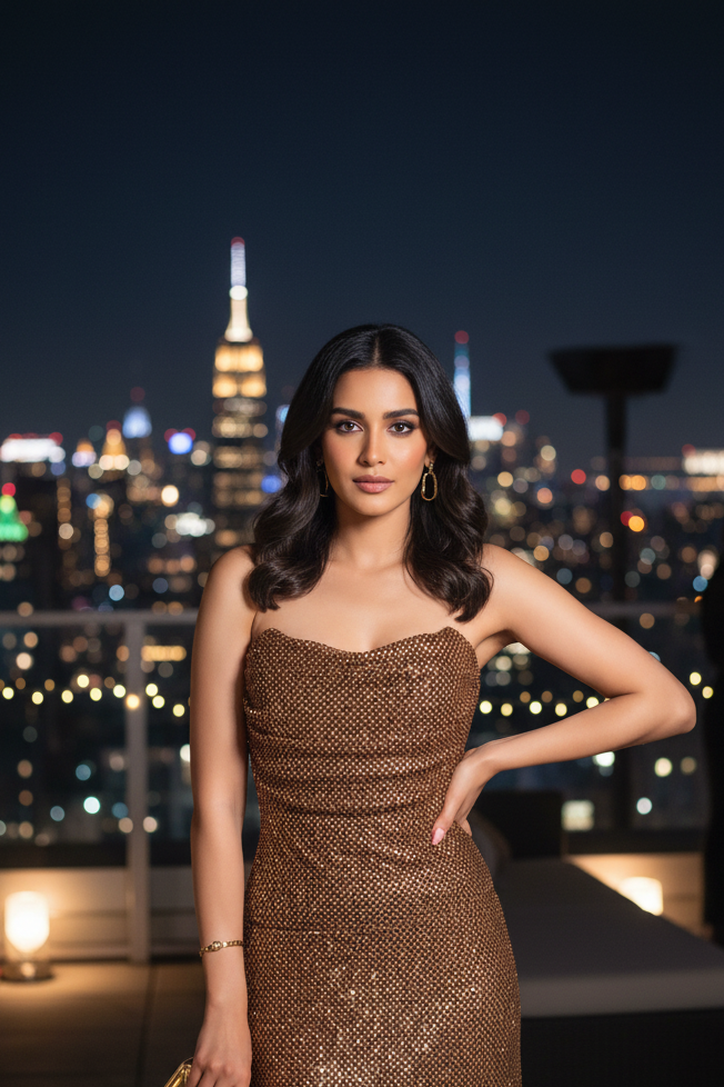 Brown rhinestone tube & skirt coord set by Exclusives on sale; sequined dress worn by model with city skyline backdrop.
