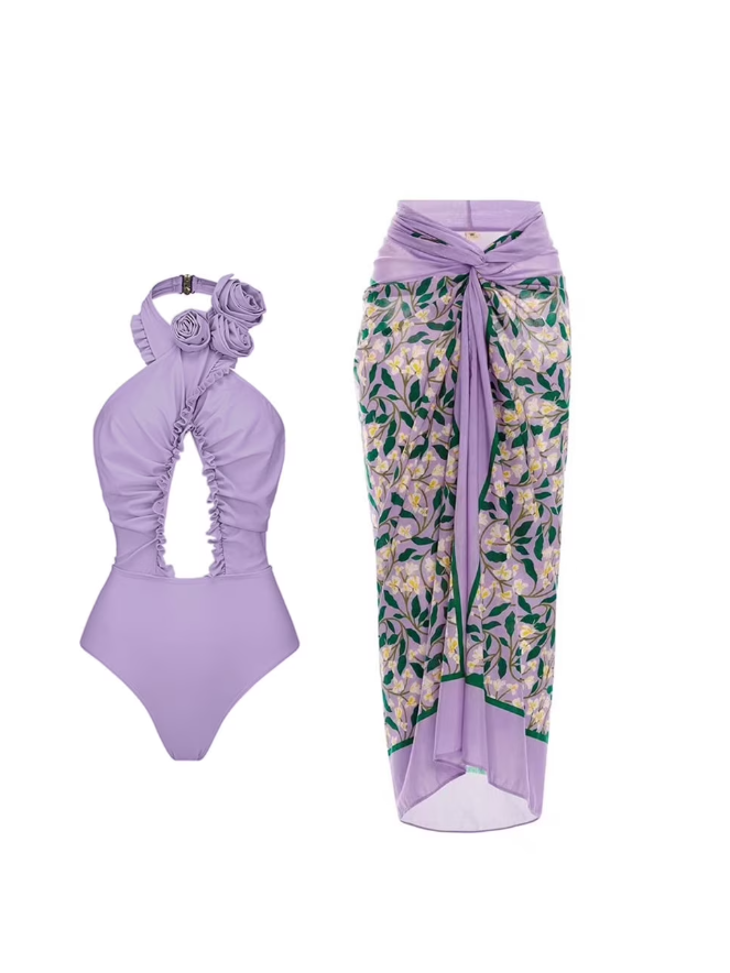 Floral Print Halterneck Cutout Bikini Swimsuit Set with Skirt