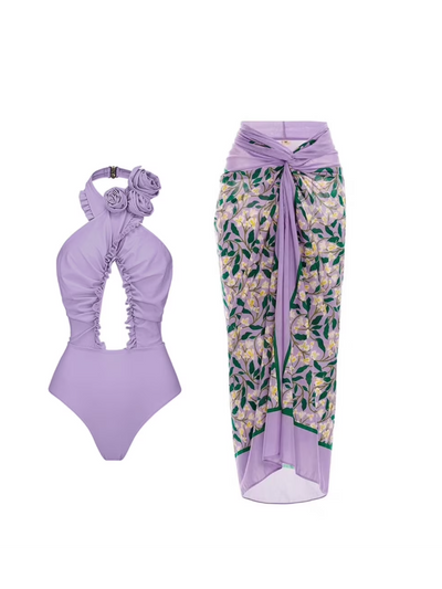 Floral Print Halterneck Cutout Bikini Swimsuit Set with Skirt