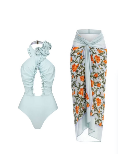 Floral Print Halterneck Cutout Bikini Swimsuit Set with Skirt