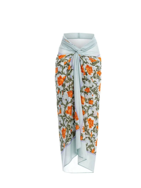 Floral Print Halterneck Cutout Bikini Swimsuit Set with Skirt