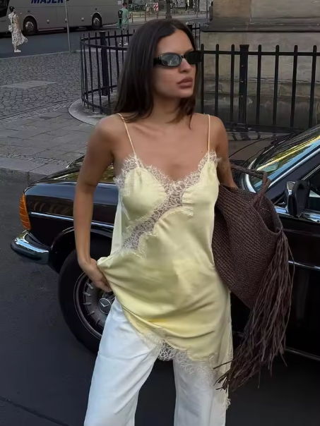 Yellow Asymmetric Lace Short Dress