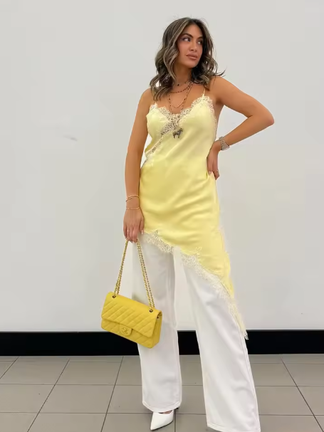 Yellow Asymmetric Lace Short Dress