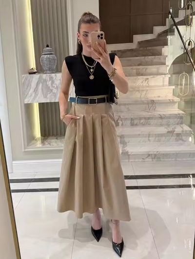 Two Tone Sleeveless Plated Dress with Belt