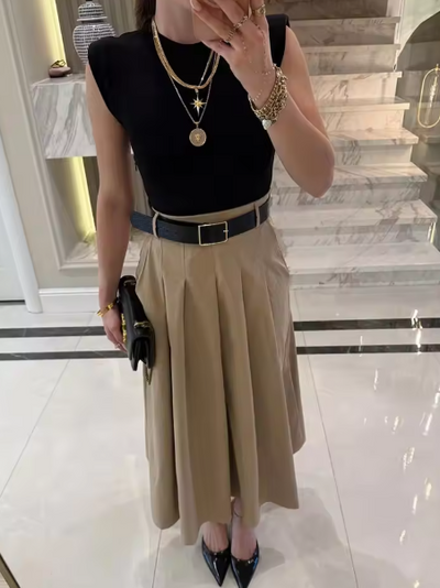Two Tone Sleeveless Plated Dress with Belt