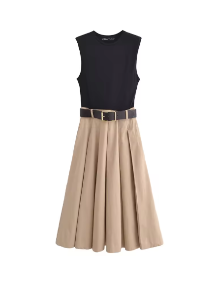 Two Tone Sleeveless Plated Dress with Belt