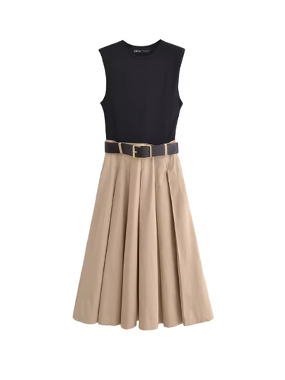 Two Tone Sleeveless Plated Dress with Belt