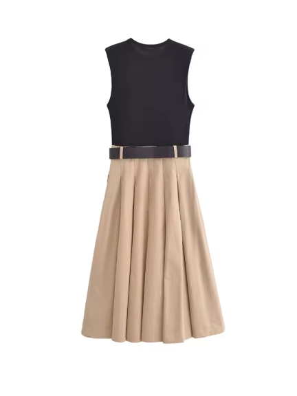 Two Tone Sleeveless Plated Dress with Belt
