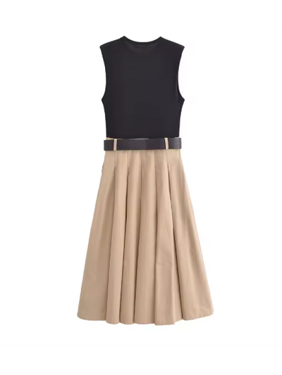 Two Tone Sleeveless Plated Dress with Belt